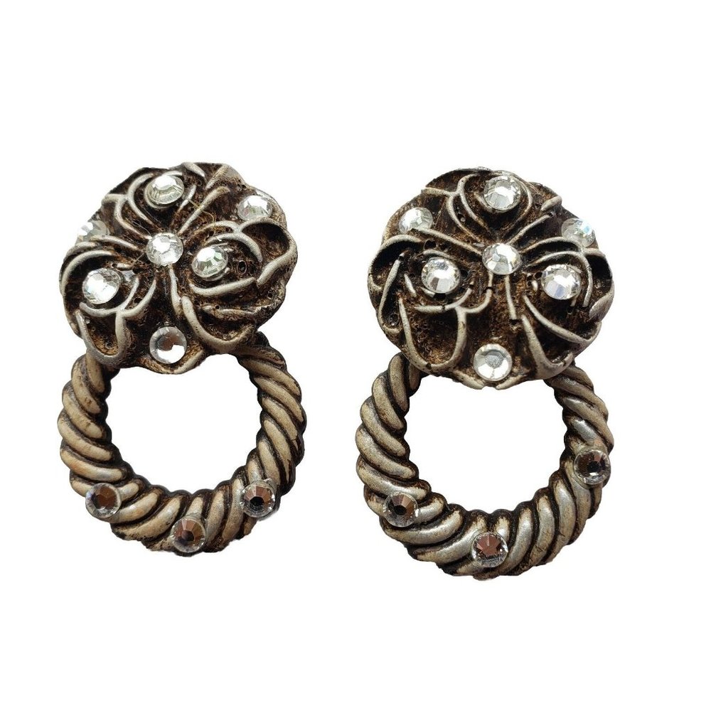 Jeff Lieb Earrings Gray Rose Flower Rhinestone Door Knocker Clip On